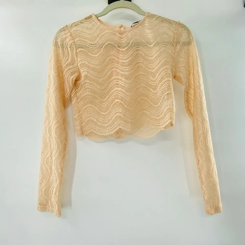 NEW Zara Beige Wavy Lace Scallop Hem Sheer Knit Long Sleeve Crop Top Small Y2K